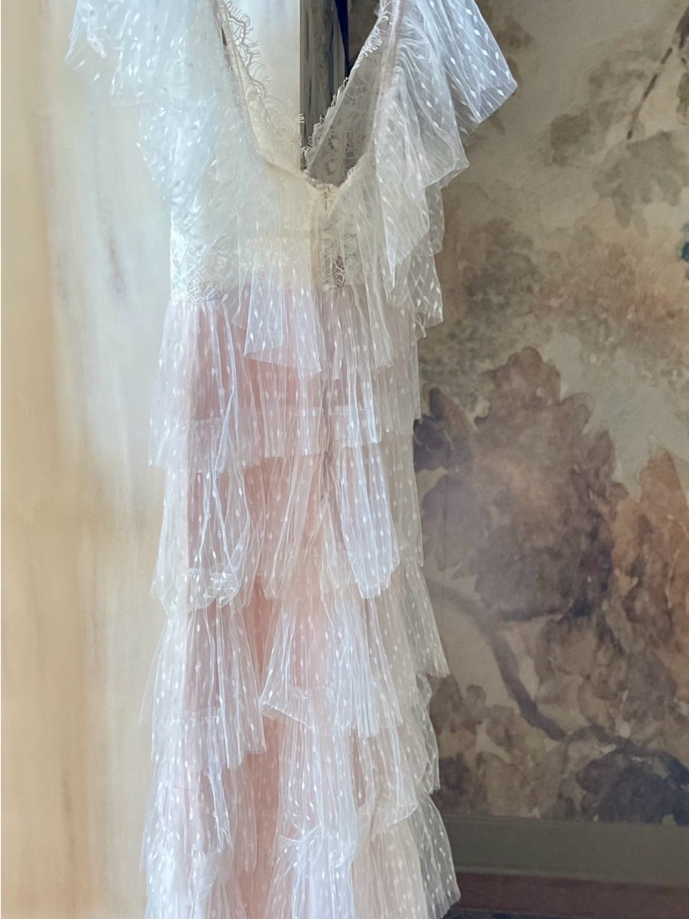 Watters Tiered Lace & Swiss Dot Wedding Dress, Custom Tulle Flutter Sleeves, 8 - Picture 6 of 15